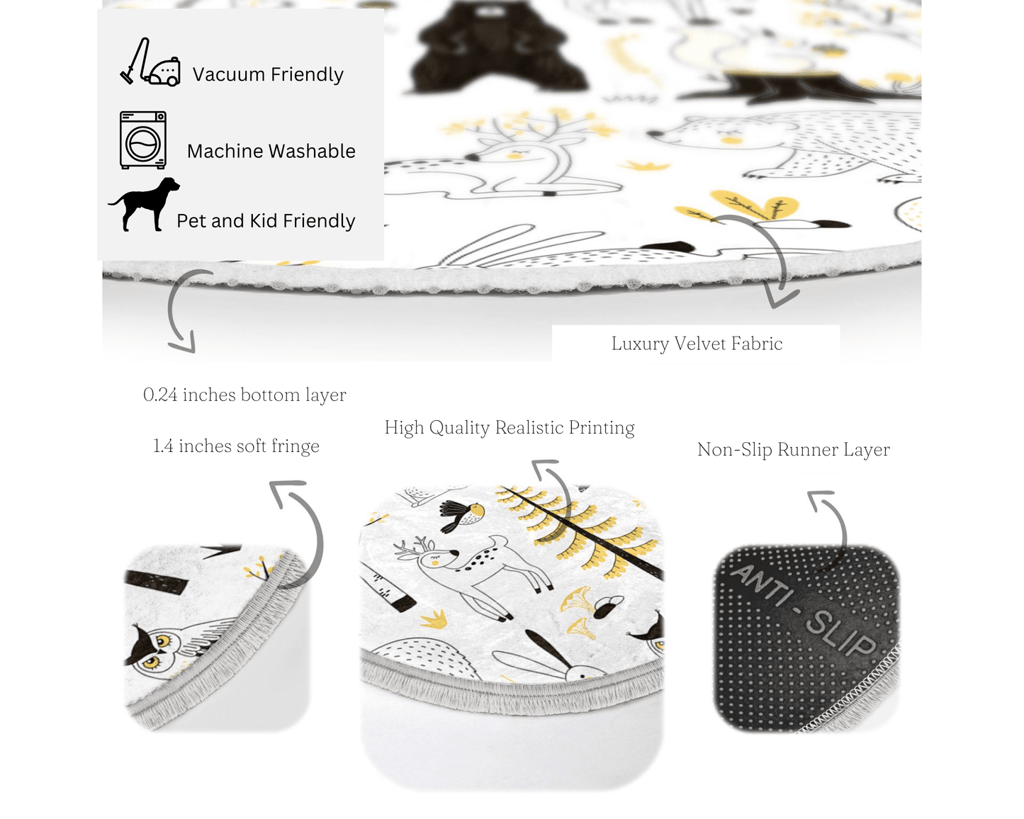 Black Bear Kids Room Area Rug, Forest Patterned Nursery Rug, Non Slip