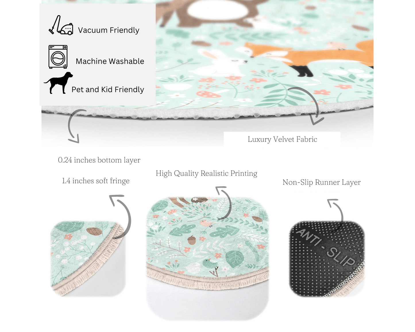 Bear and Deer Printed Kids Room Decorative Round Rugs, Nursery Room