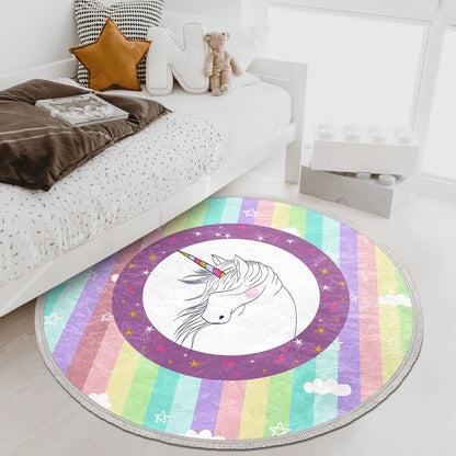 Rainbow Unicorn Kids Room Area Rug, Unicorn Patterned Nursery Carpet,