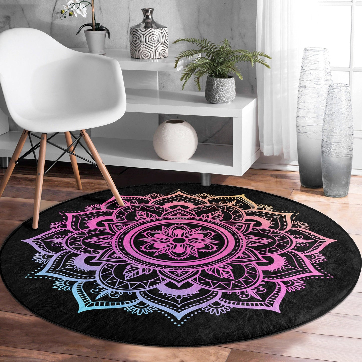 Mandala Round Rug, Meditative Area Rug, Meditation Room Floor Carpet,