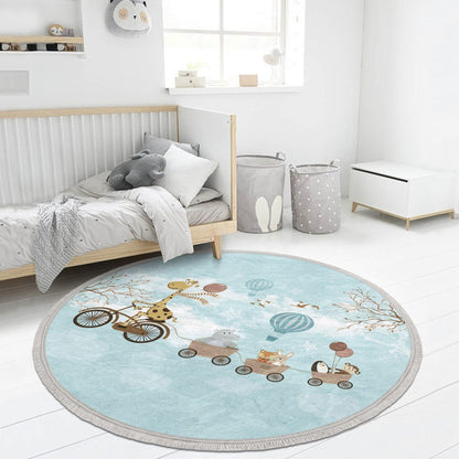 Animals Kids Room Round Rug, Animals Patterned Nursery Room Area Rug,