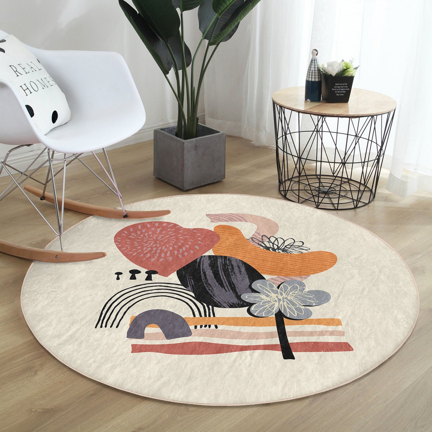 Abstract Round Rug, Minimalist Area Rug, Living Room Floor Carpet, Non