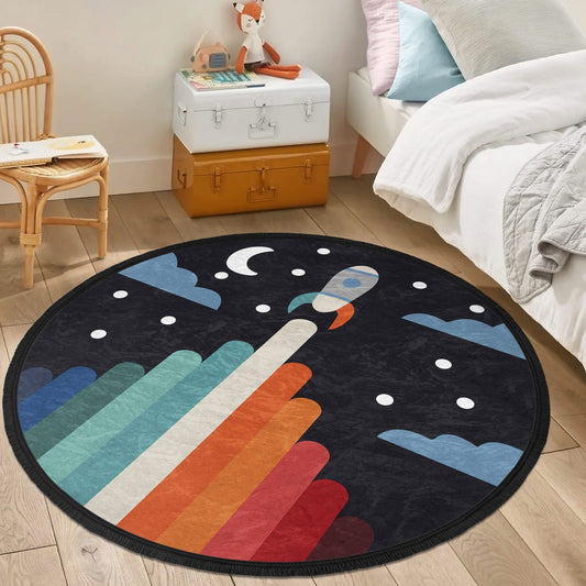 Space Rocket Kids Room Area Rug, Nursery Room Space Patterned Round