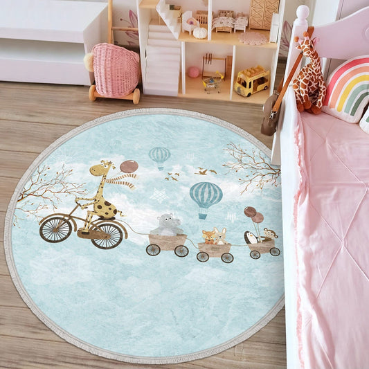 Animals Kids Room Round Rug, Animals Patterned Nursery Room Area Rug,