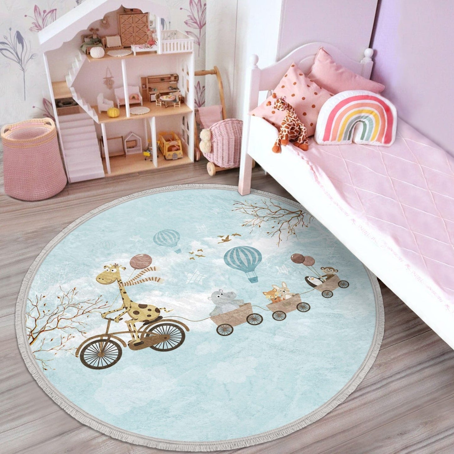 Animals Kids Room Round Rug, Animals Patterned Nursery Room Area Rug,