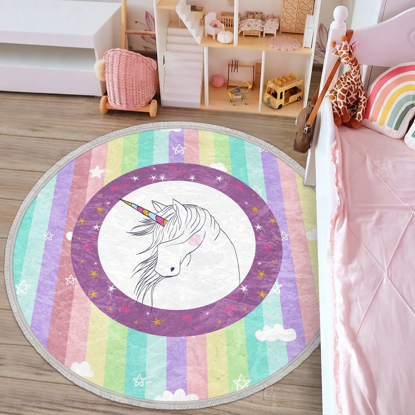 Rainbow Unicorn Kids Room Area Rug, Unicorn Patterned Nursery Carpet,