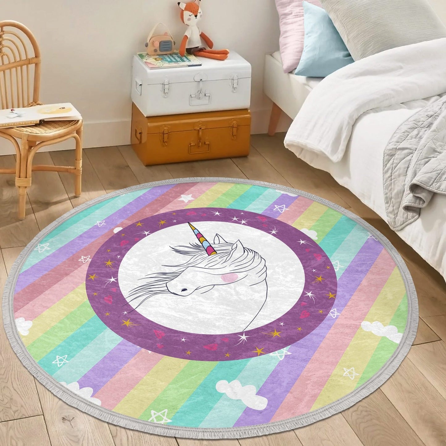 Rainbow Unicorn Kids Room Area Rug, Unicorn Patterned Nursery Carpet,