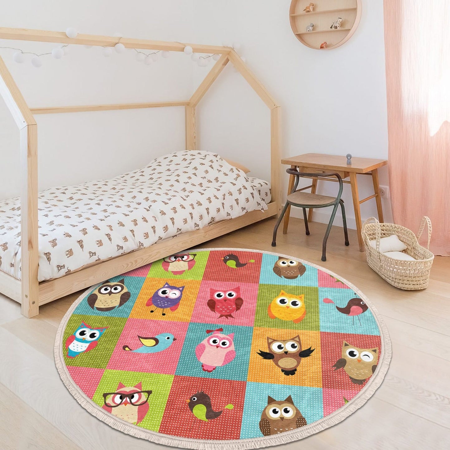 Owl Printed Kids Room Area Rug, Owl Design Nursery Room Round Rug,