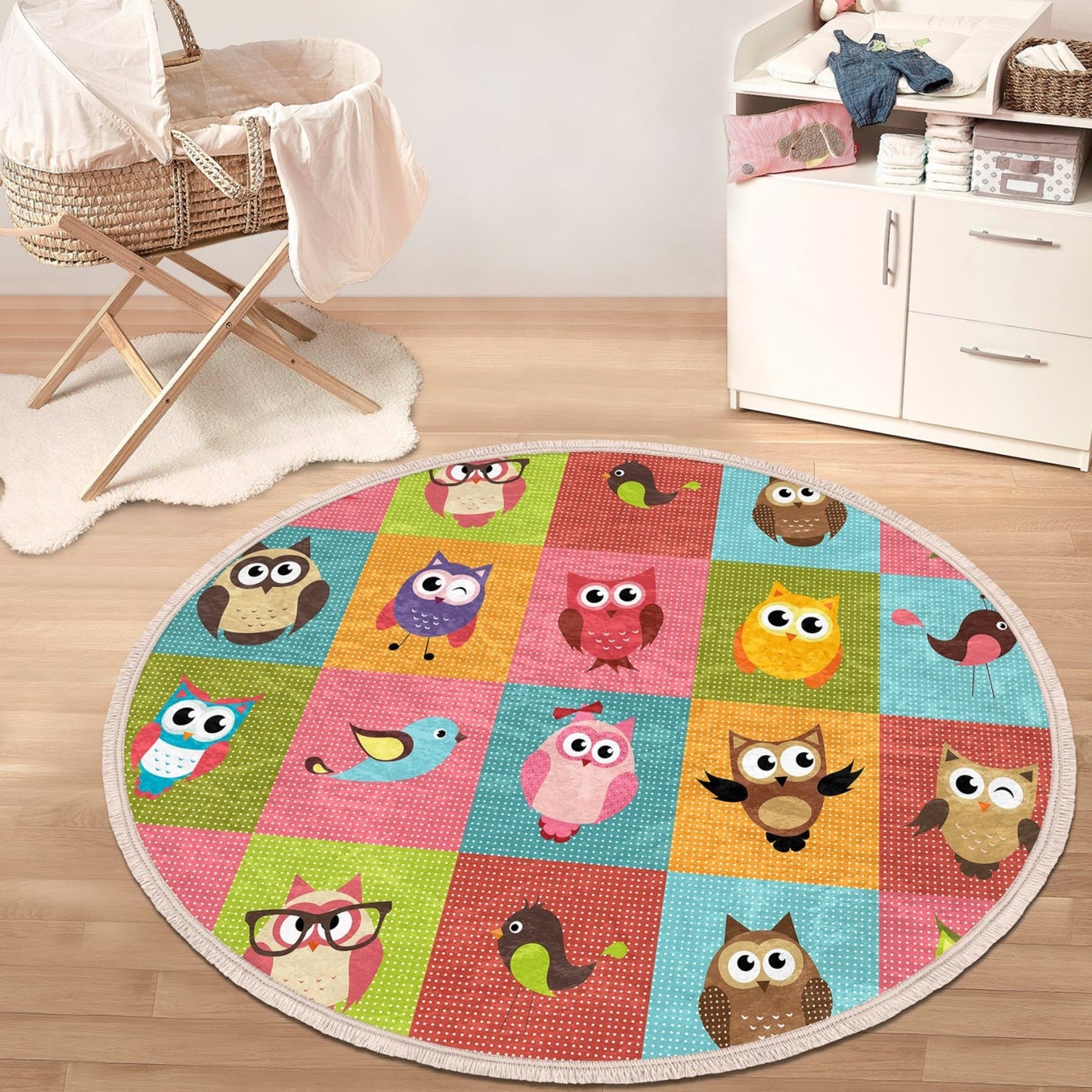 Owl Printed Kids Room Area Rug, Owl Design Nursery Room Round Rug,