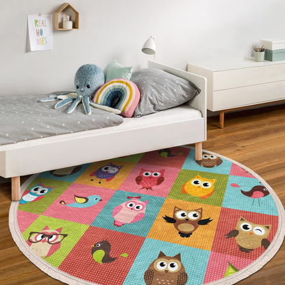 Owl Printed Kids Room Area Rug, Owl Design Nursery Room Round Rug,