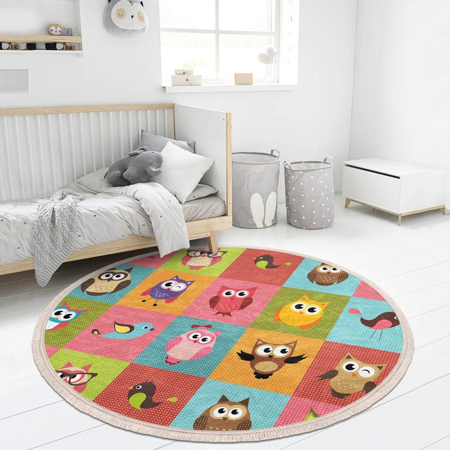 Owl Printed Kids Room Area Rug, Owl Design Nursery Room Round Rug,