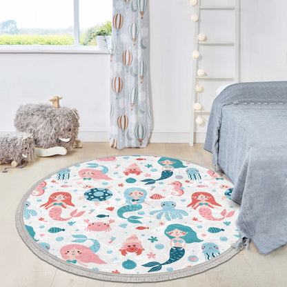 Mermaid Printed Kids Room Round Rug, Mermaid Girls Bedroom Decorative