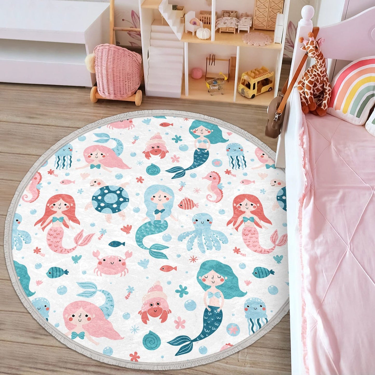 Mermaid Printed Kids Room Round Rug, Mermaid Girls Bedroom Decorative