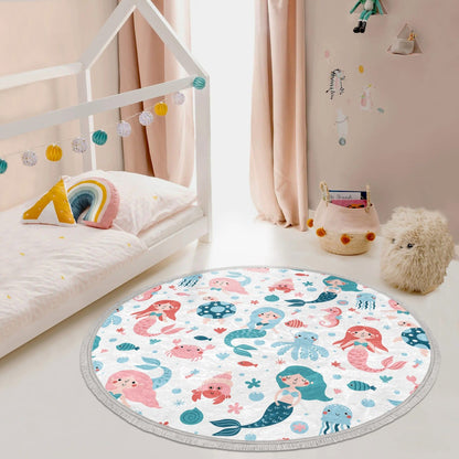 Mermaid Printed Kids Room Round Rug, Mermaid Girls Bedroom Decorative