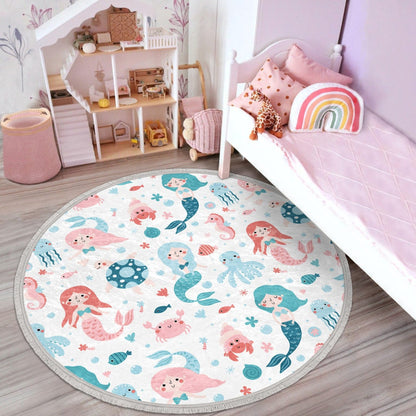 Mermaid Printed Kids Room Round Rug, Mermaid Girls Bedroom Decorative