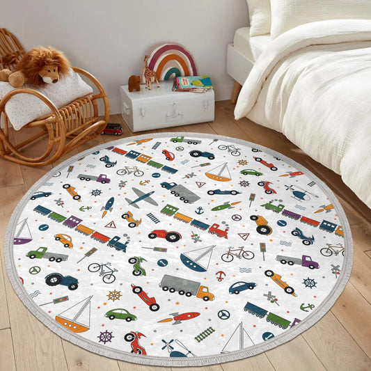 Plane-Car-Train Printed Kids Room Round Rug, Nursery Room Area Carpet,