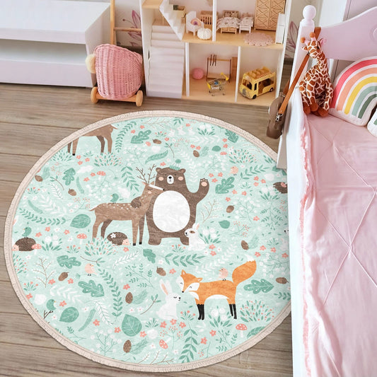 Bear and Deer Printed Kids Room Decorative Round Rugs, Nursery Room