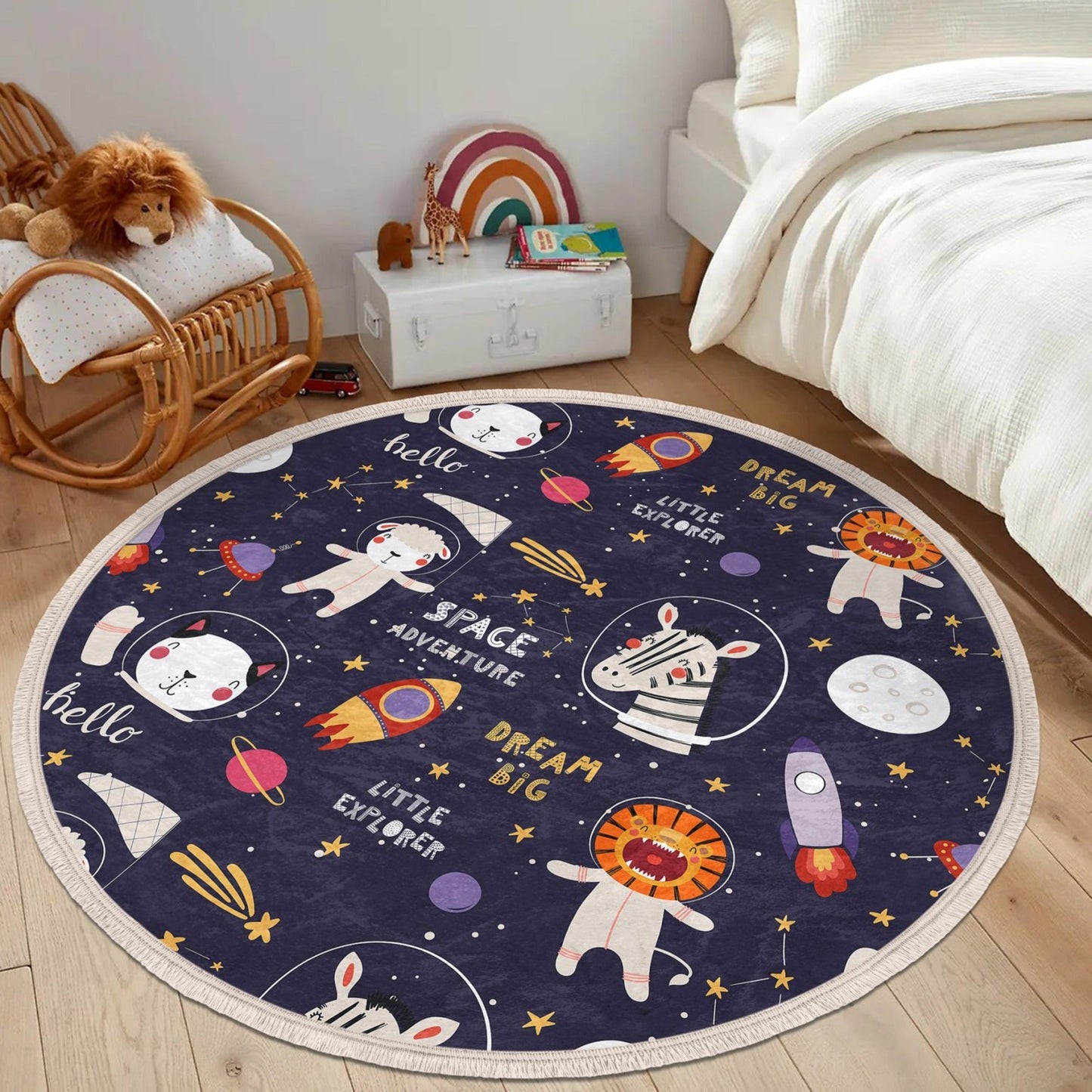 Space Adventure Cute Animal Printed Kids Room Round Rug, Nursery Room