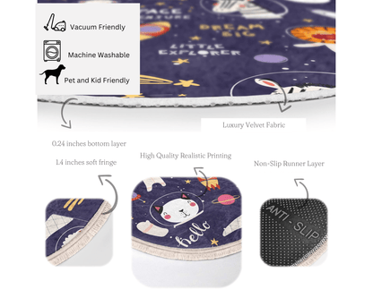 Space Adventure Cute Animal Printed Kids Room Round Rug, Nursery Room