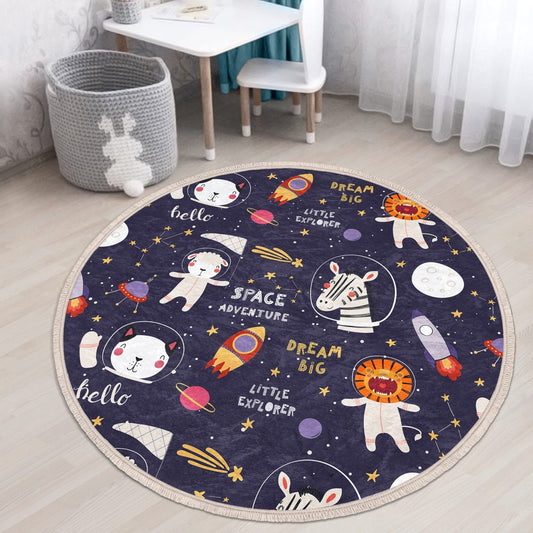 Space Adventure Cute Animal Printed Kids Room Round Rug, Nursery Room