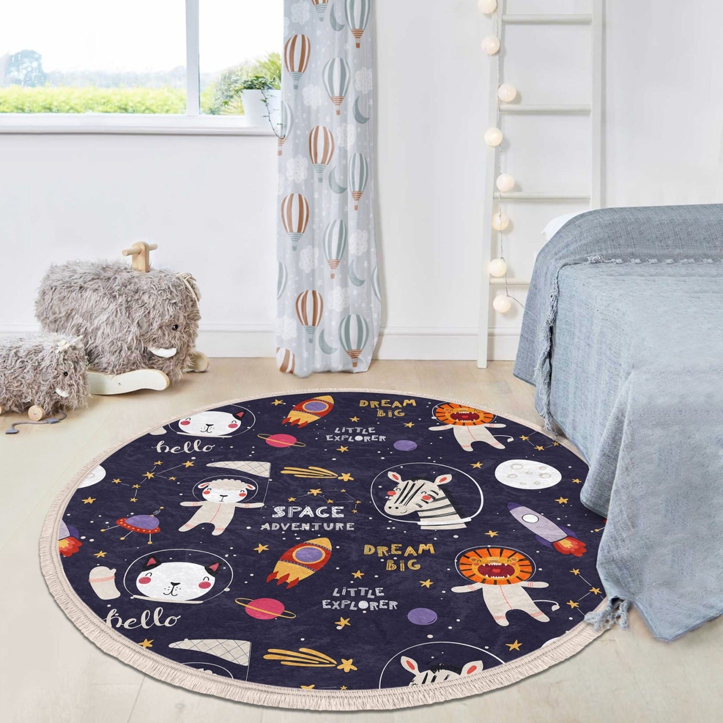 Space Adventure Cute Animal Printed Kids Room Round Rug, Nursery Room