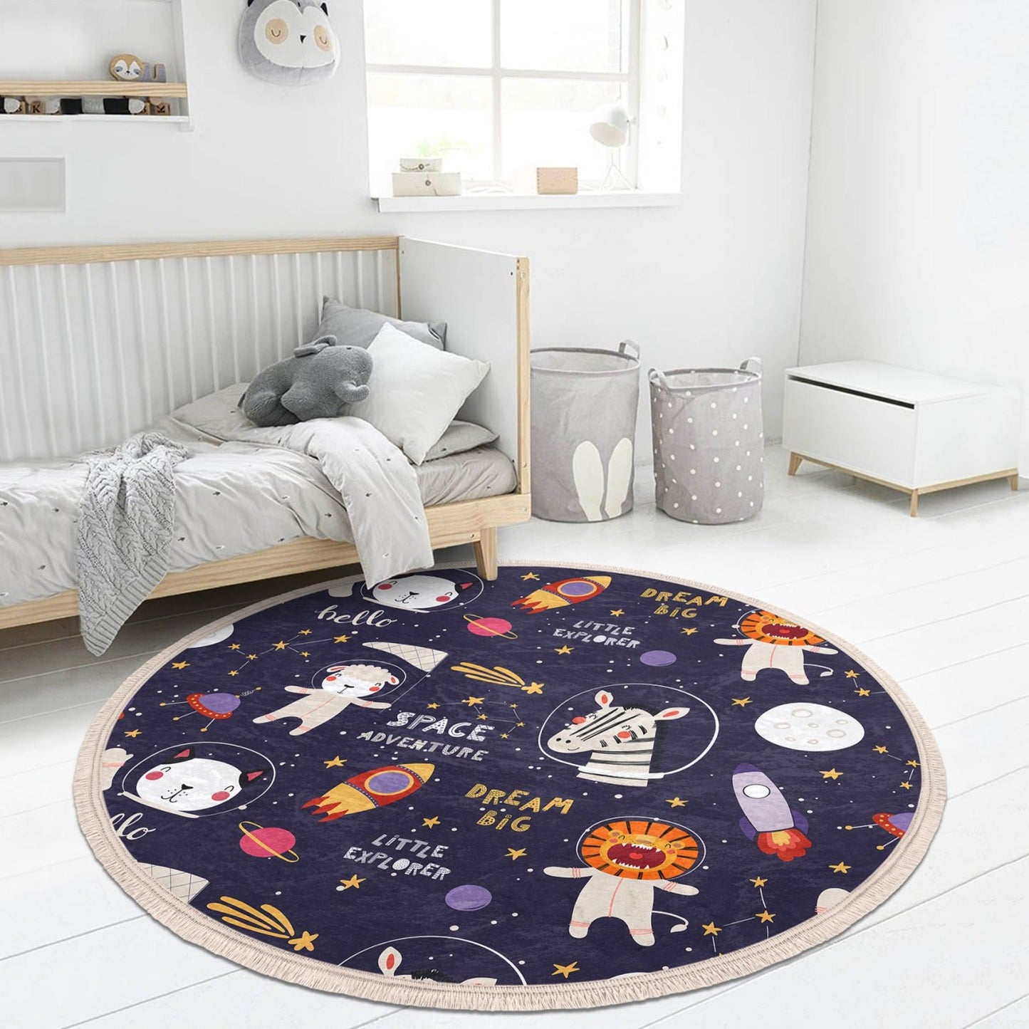 Space Adventure Cute Animal Printed Kids Room Round Rug, Nursery Room