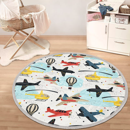 Kids Room Plane Round Rug, Nursery Round Rug, Baby Room Decorative