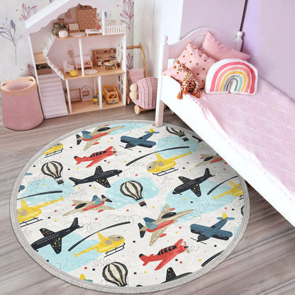 Kids Room Plane Round Rug, Nursery Round Rug, Baby Room Decorative