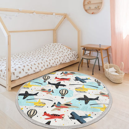 Kids Room Plane Round Rug, Nursery Round Rug, Baby Room Decorative