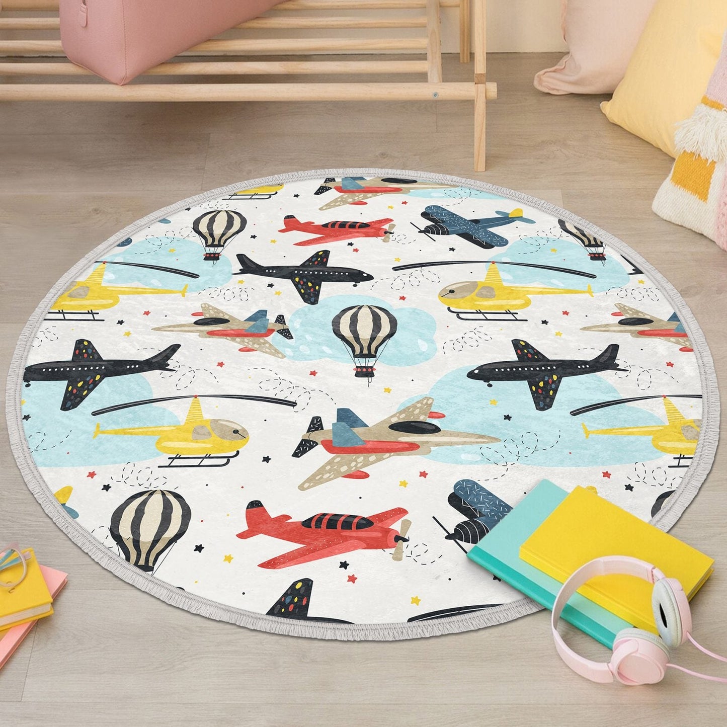 Kids Room Plane Round Rug, Nursery Round Rug, Baby Room Decorative