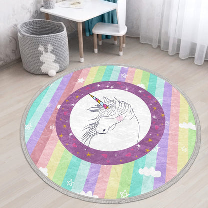 Rainbow Unicorn Kids Room Area Rug, Unicorn Patterned Nursery Carpet,