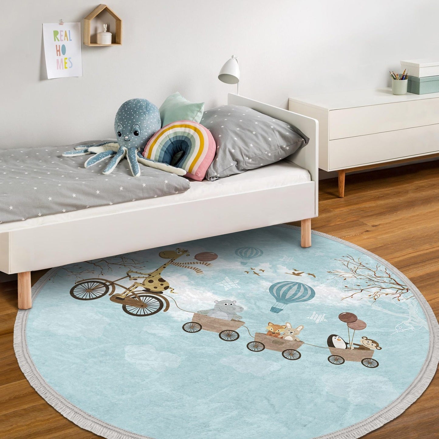 Animals Kids Room Round Rug, Animals Patterned Nursery Room Area Rug,