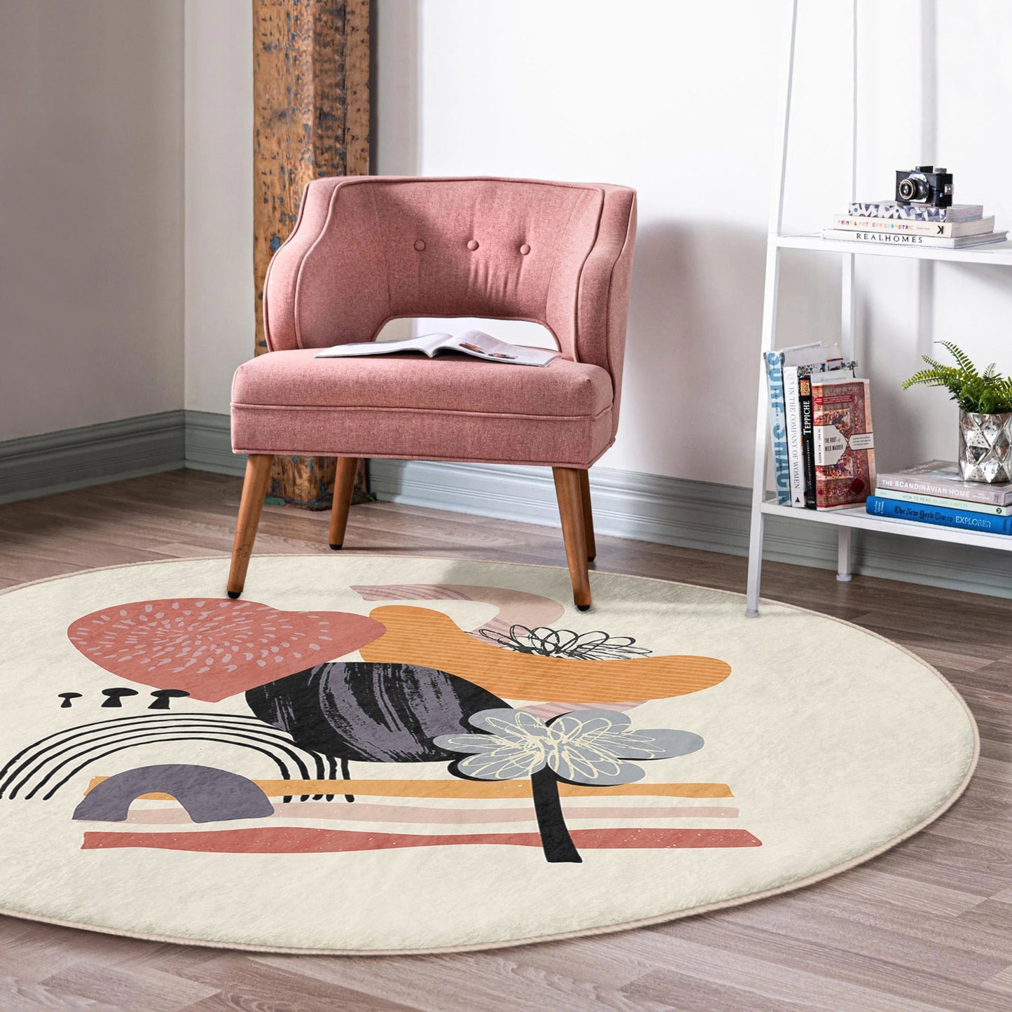 Abstract Round Rug, Minimalist Area Rug, Living Room Floor Carpet, Non