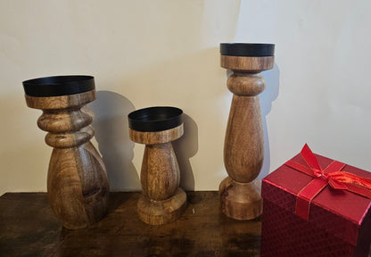 Handcrafted Wood Candle Holders - Set of 3