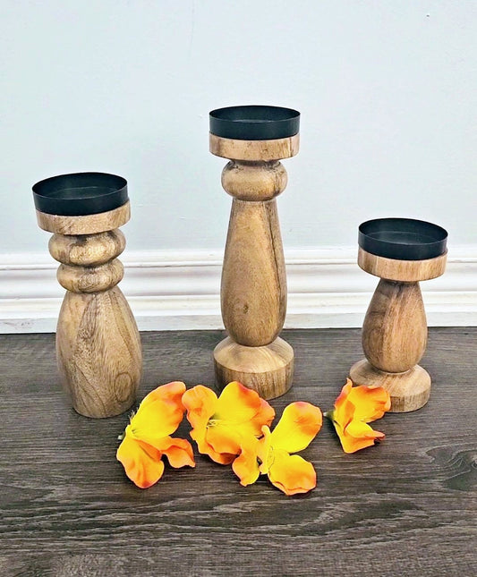 Handcrafted Wood Candle Holders - Set of 3